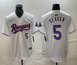 Nike Texas Rangers #5 Corey Seager White Champions Gold name Blue 53 on front Game Authentic Stitched MLB Jersey