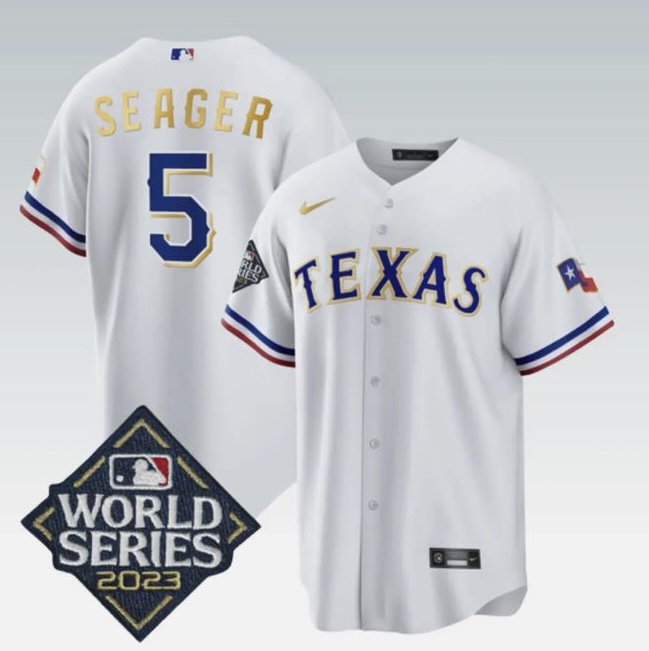 Nike Texas Rangers #5 Corey Seager White Gold Name 2023 World Series jersey