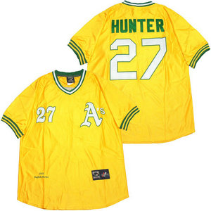 Oakland Athletics #27 Catfish Hunter Gold Throwback Authentic stitched MLB jersey