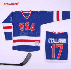 Team USA #17 Jack O'Callahan Blue Throwback Authentic Sitched Hockey jersey