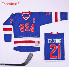 Team USA #21 Mike Eruzione Blue Throwback Authentic Sitched Hockey jersey
