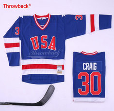 Team USA #30 Jim Craig Blue Throwback Authentic Sitched Hockey jersey