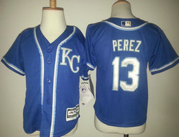 Toddler Kansas City Royals #13 Salvador Perez Blue KC New Majestic Authentic Stitched MLB Jersey