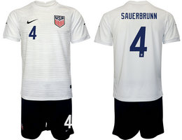 United States #4 SAUERBRUNN White Home 2022 World Cup National Soccer Jersey