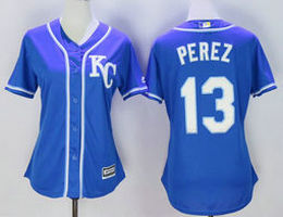 Women's Kansas City Royals #13 Salvador Perez Blue KC Authentic Stitched MLB Jersey