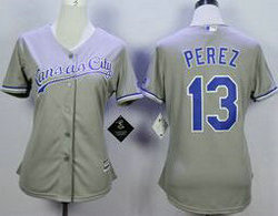 Women's Kansas City Royals #13 Salvador Perez Grey New Majestic Authentic Stitched MLB Jersey