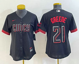 Women's Nike Cincinnati Reds #21 Hunter Greene Black 2023 City Authentic Stitched MLB jersey