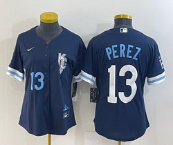 Women's Nike Kansas City Royals #13 Salvador Perez 2022 City #13 in front Authentic stitched MLB jersey