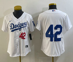Women's Nike Los Angeles Dodgers #42 Jackie Robinson Red 8 front White no name Authentic Stitched MLB Jersey
