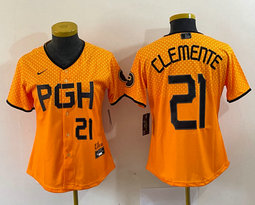 Women's Nike Pittsburgh Pirates #21 Roberto Clemente Gold City Black 22 in front Authentic stitched MLB jersey