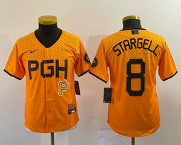 Women's Nike Pittsburgh Pirates #8 Willie Stargell Gold City Team Patch in front Authentic stitched MLB jersey