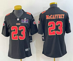 Women's Nike San Francisco 49ers #23 Christian McCaffrey Black fashion Gold Name With 2024 Super Bowl (LVIII ) patch Jersey