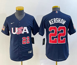 Women's USA Team #22 Clayton Kershaw Blue Red #22 2023 World Baseball Classic Jersey