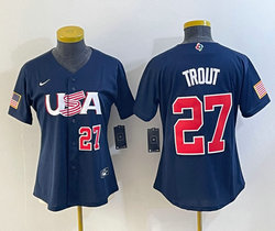 Women's USA Team #27 Mike Trout Blue Red 27 on front 2023 World Baseball Classic Jersey