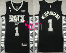 Youth Jordon San Antonio Spurs #1 Victor Wembanyama Black 6 patch With Advertising Authentic Stitched NBA Jersey