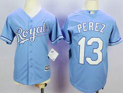 Youth Kansas City Royals #13 Salvador Perez Light Blue New Majestic Authentic Stitched MLB Jersey