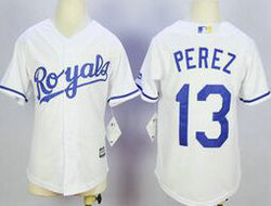 Youth Kansas City Royals #13 Salvador Perez White New Majestic Authentic Stitched MLB Jersey