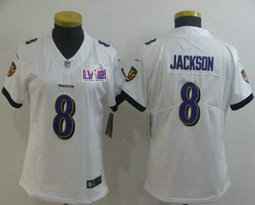 Youth Nike Baltimore Ravens #8 Lamar Jackson White Vapor Untouchable With 2024 Super Bowl (LVIII ) patch Jersey
