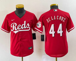Youth Nike Cincinnati Reds #44 Elly De La Cruz Red arm with logo Game Authentic Stitched MLB Jersey