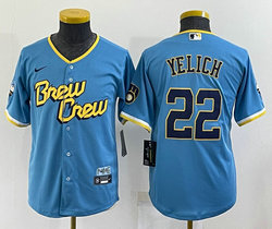 Youth Nike Milwaukee Brewers #22 Christian Yelich Blue Game 2023 City Authentic Stitched MLB Jersey