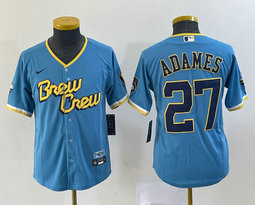 Youth Nike Milwaukee Brewers #27 Willy Adames Blue 2023 City Authentic Stitched MLB Jersey