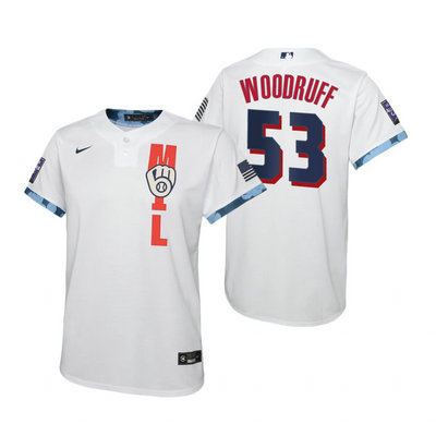 Youth Nike Milwaukee Brewers #53 Brandon Woodruff 2021 All star White Game Authentic Stitched MLB Jersey