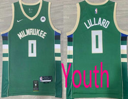 Youth Nike Milwaukee Bucks #0 Damian Lillard Green With Advertising Authentic Stitched NBA Jersey