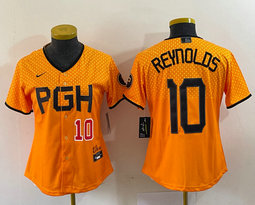 Youth Nike Pittsburgh Pirates #10 Bryan Reynolds Gold City Red 22 in front Authentic stitched MLB jersey