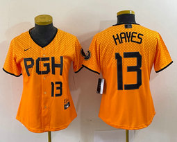 Youth Nike Pittsburgh Pirates #13 KeBryan Hayes Gold City Black 22 in front Authentic stitched MLB jersey