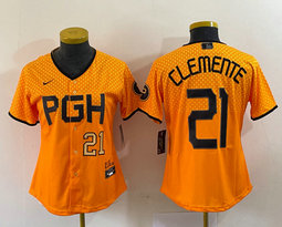 Youth Nike Pittsburgh Pirates #21 Roberto Clemente Gold City Gold 22 in front Authentic stitched MLB jersey