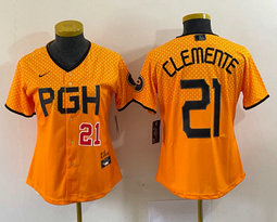 Youth Nike Pittsburgh Pirates #21 Roberto Clemente Gold City Red 22 in front Authentic stitched MLB jersey