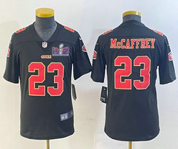 Youth Nike San Francisco 49ers #23 Christian McCaffrey Black fashion Gold Name With 2024 Super Bowl (LVIII ) patch Jersey