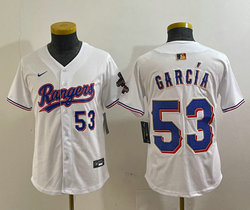 Youth Nike Texas Rangers #53 Adolis Garcia White Champions Gold name Blue 53 front Authentic Stitched MLB Jersey
