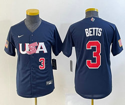 Youth USA Team #3 Mookie Betts Blue Red #3 2023 World Baseball Classic Jersey
